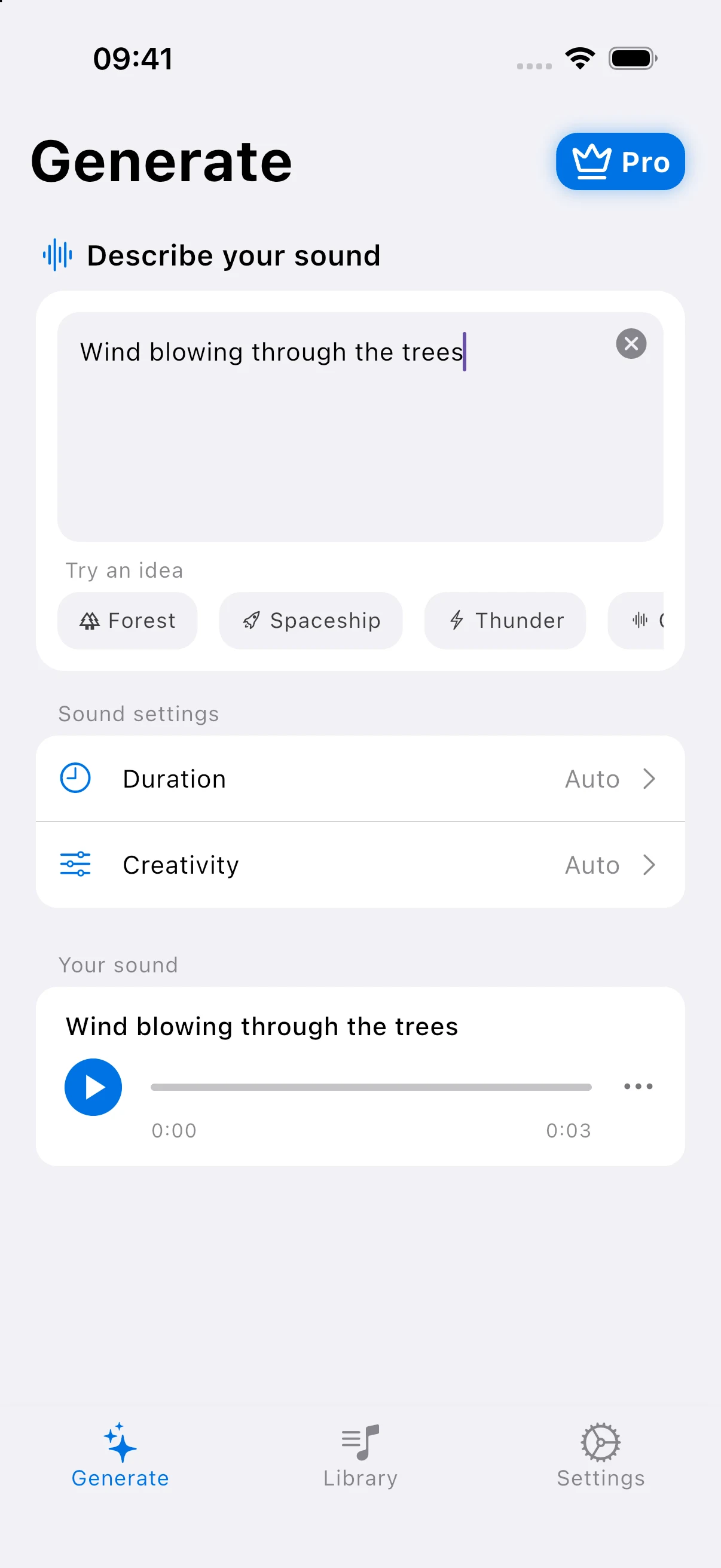 AI Sound Effects Generate screen with the prompt “Wind blowing through the trees” and the generated sound ready to play